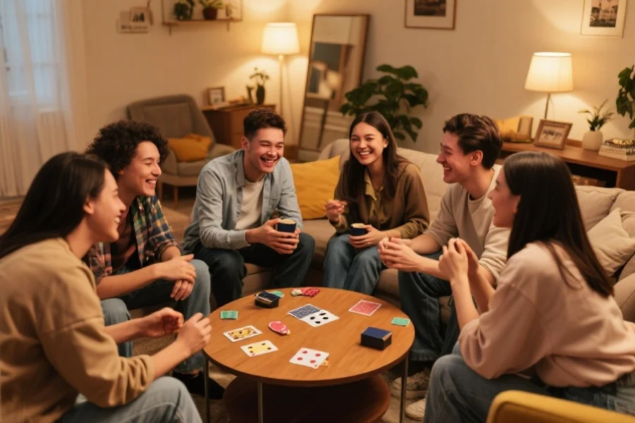 一群朋友围坐在温馨的客厅里，轻松愉快地进行扑克游戏交流，氛围愉快