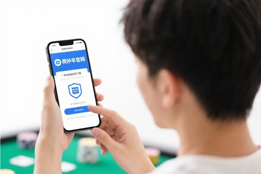 一位年轻玩家在手机上浏览微扑克官网下载页面,背景简洁明亮,突出操作便捷和官方安全感